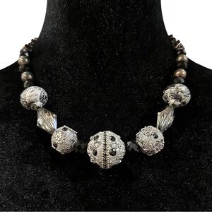 Chunky Beaded Necklace Black Silver Tone Rhinestone Accent 20 Inch Length